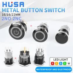 2NO2NC 16/19/22mm Waterproof Metal Push Button Switch LED Light Momentary Car Engine Power Switch 3/6/12/24/220V BLACK 2NO2NC