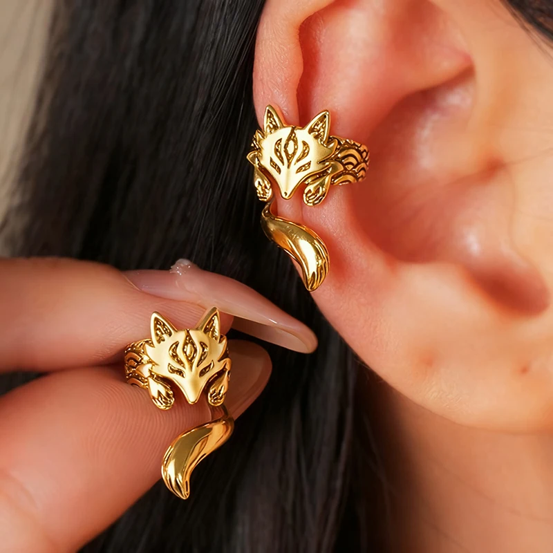 Huitan Kreative Fuchs-förmige Clip-Ohrringe, nicht durchdringende Manschettenohrringe für Frauen, Vintage-Stil, lustiger Tierschmuck