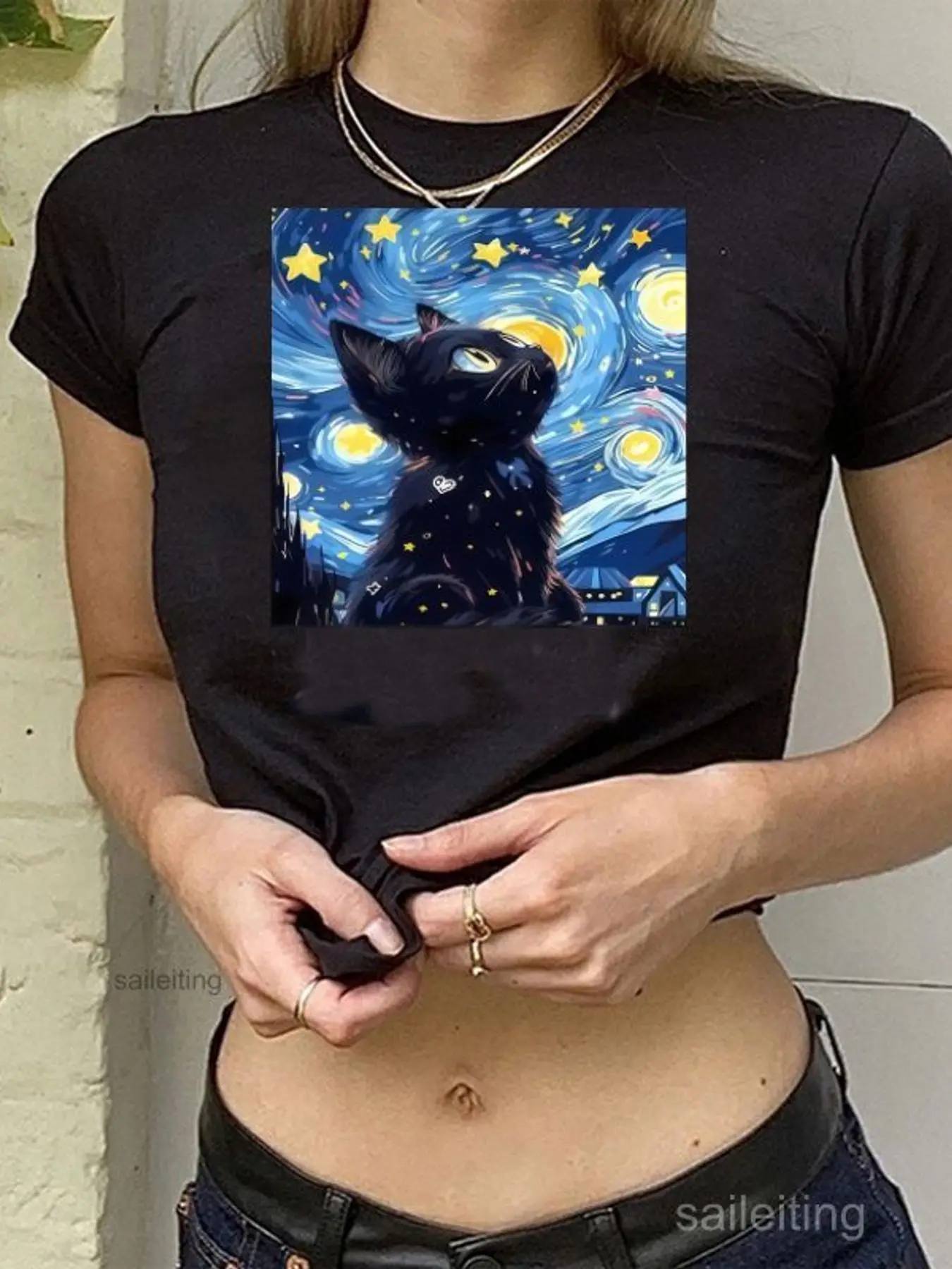 Starry Night Black Cat Graphic Crop Top - Van Gogh Inspired Square Print Tee, Short Sleeve Summer Casual Fashion for Women