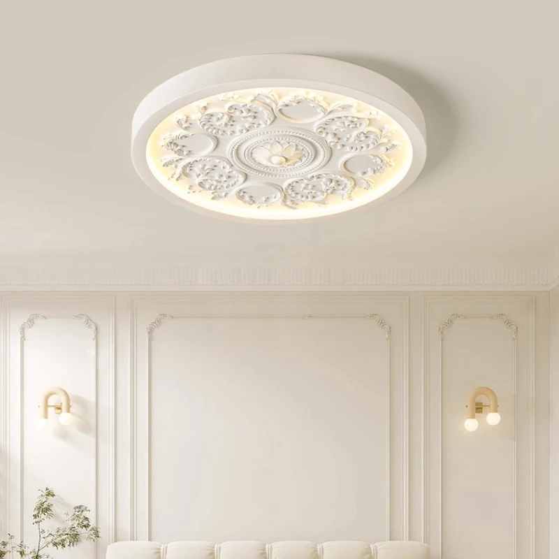 French Cream Style Art Carving Flower Ceiling Lights Simple Circular Imitation Wood Color LED Ceiling Lamps Kitchen Dining Hall