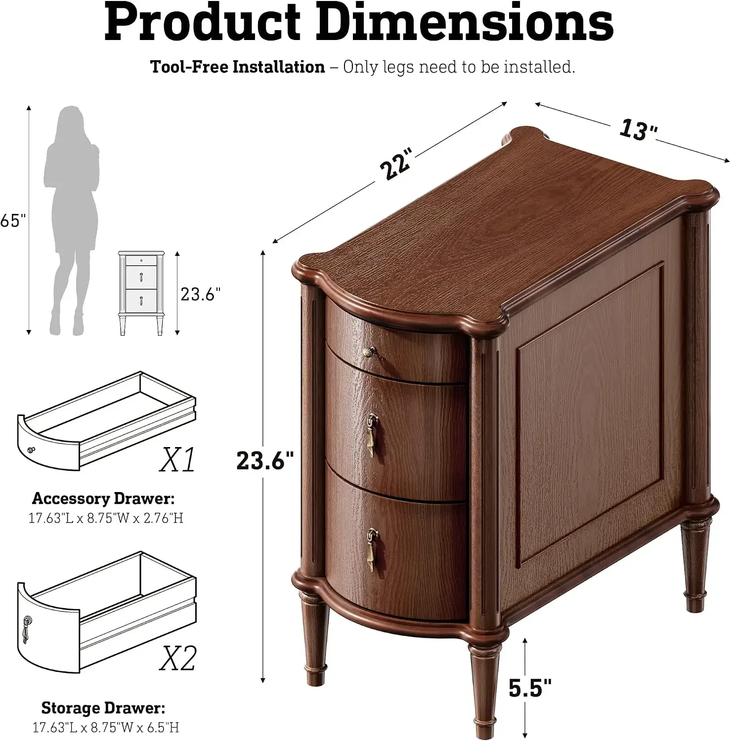 STO'SENSE Nightstand Set of w/Charging Station & 3 Drawers, Pre-Assembled, Vintage Side Table w/Antique-Finished Pulls