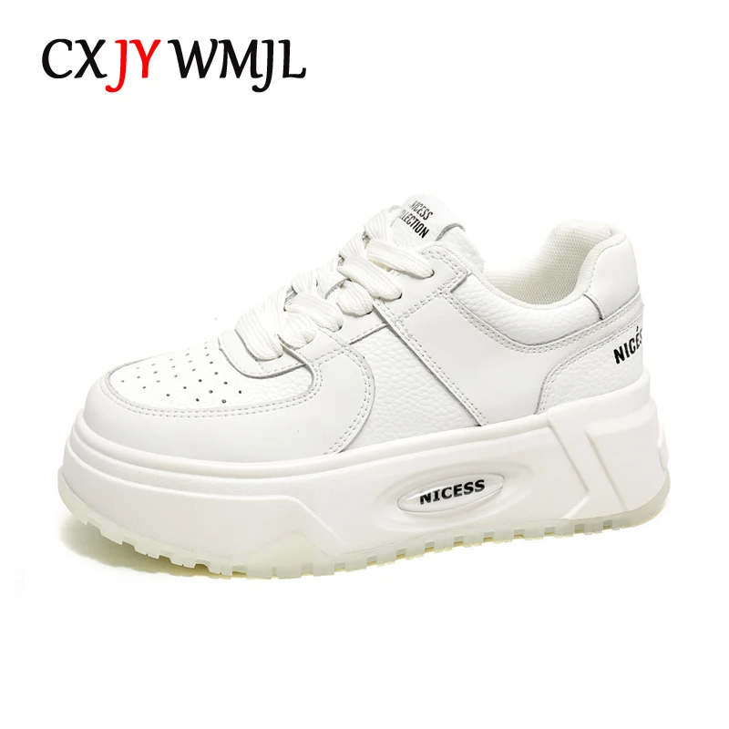 CXJYWMJL Genuine Leather Platform Sneakers Women Spring Casual Vulcanized Shoes Ladies Thick Bottom Court Sneaker White Lace-up