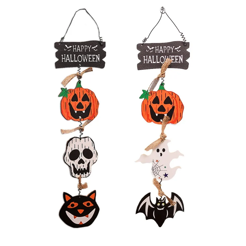 Halloween Wooden Door Sign Pumpkin Ghost Bat Trick or Treat Door Hanging Pendents Horror Props Happy Halloween Wall Decor