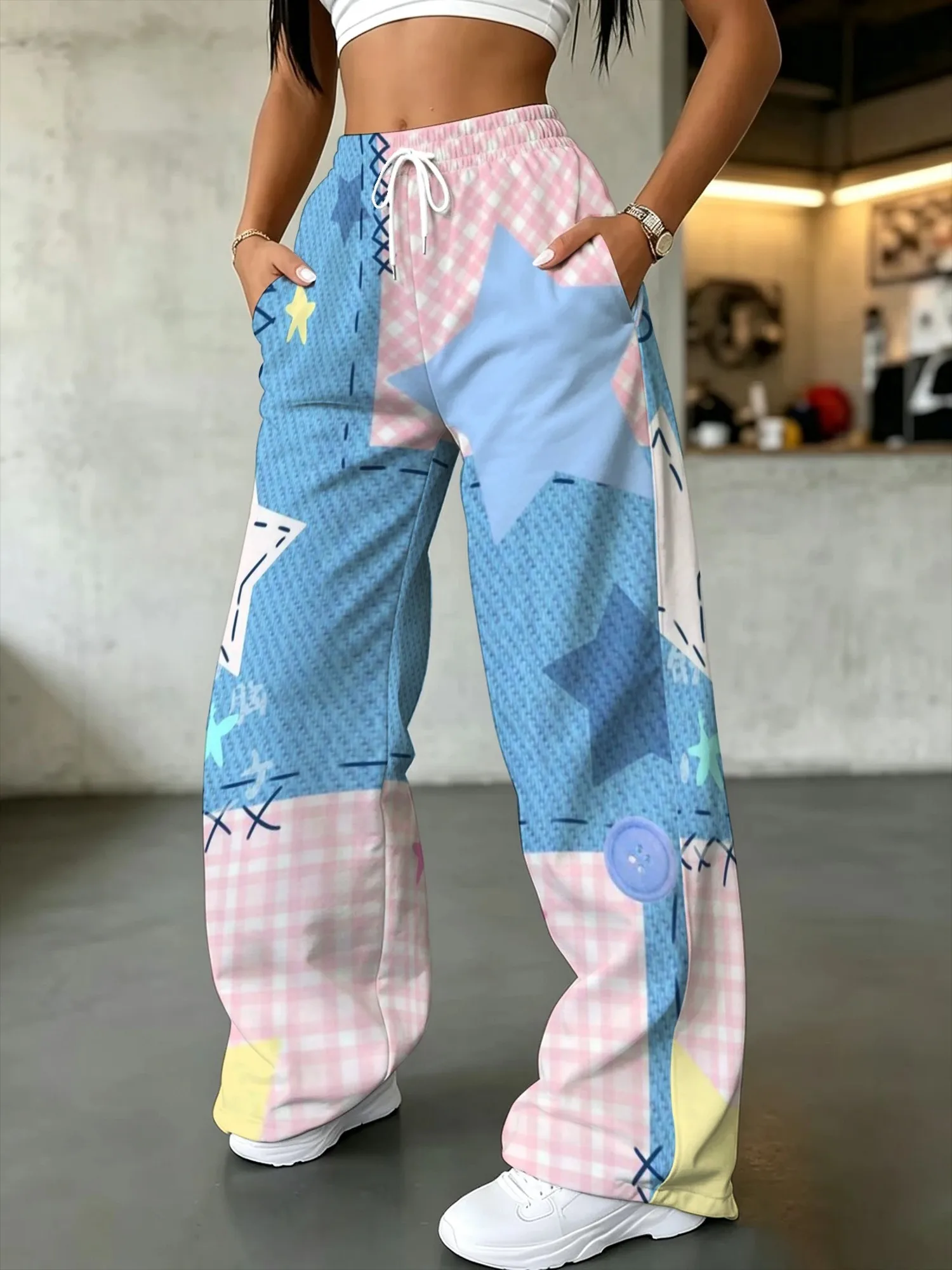 Macaron Color Blocked Grid Pentagram 3D Printed Wide Leg Pants for Girls' Street Casual Breathable Speed Drying Sports Pants