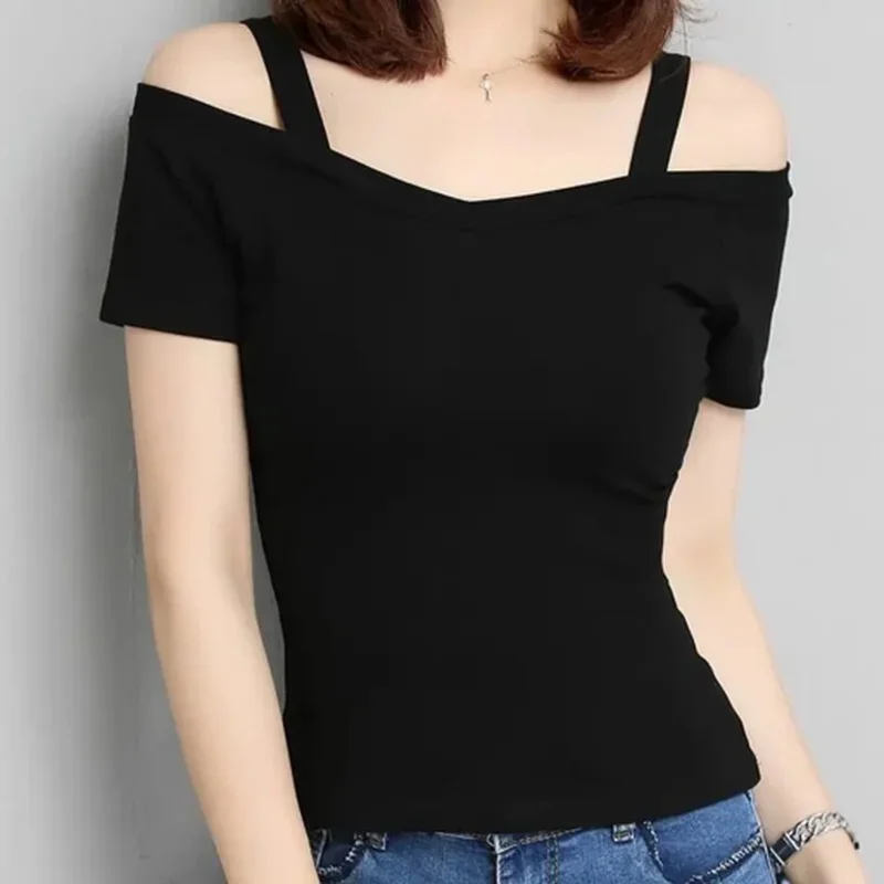 Sexy Summer Women T-Shirt Black L-strap Short Sleeve One-word Collar Trendy Top Comfortable Casual Style Polyester Fabric