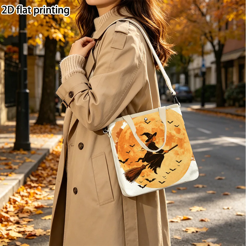 Witch flying broom Double-Sided Printed Canvas Tote Handbag Detachable Crossbody Strap Women Purse for Adventures