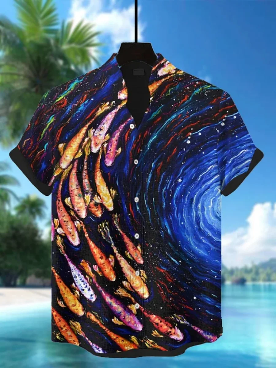 

2026 Summer New Men's 3D Printed Hawaiian Shirt Koi Starry Sky Trendy Loose Short Sleeve Casual Beach Vacation Top XS-6XL Size
