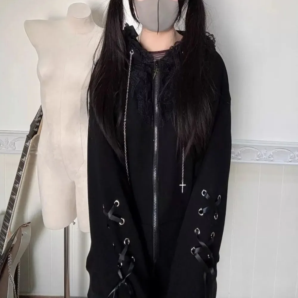 Bandage Bow Jacket Hooded Long Sleeve Outerwears Y2k Lace Woman Clothes Chaquetas De Mujer Gothic Subculture Vestes Femmes