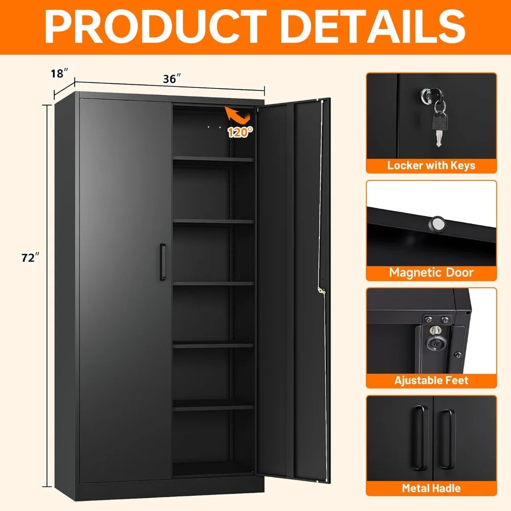

Garage Storage Cabinet with Lock, 72" Steel Storage Cabinet with Doors and 5 Adjustable Shelves, Metal Utility Cabinet