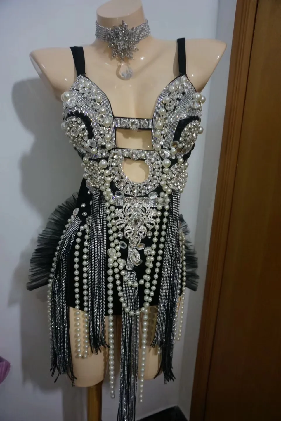 sexy Pearl Tassels  bodysuit Shining crystals jumpsuit female costumes Bright diamond Rompers singer dancer DJ DS show costume