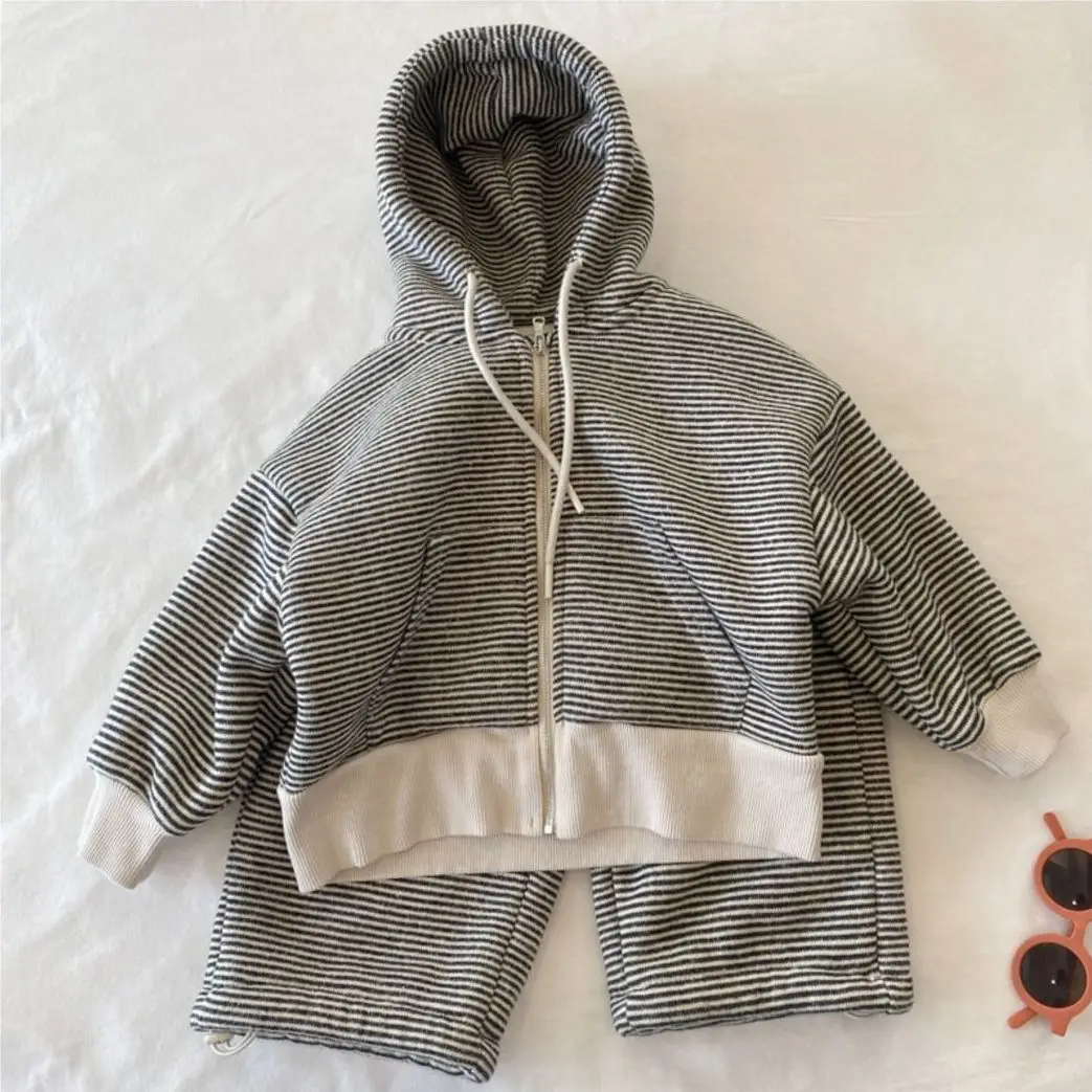 Children's Velvet Set 2026 Autumn/Winter Striped Children's Sets for Boys Girls Sweater Hoodie Pants Two Piece Set
