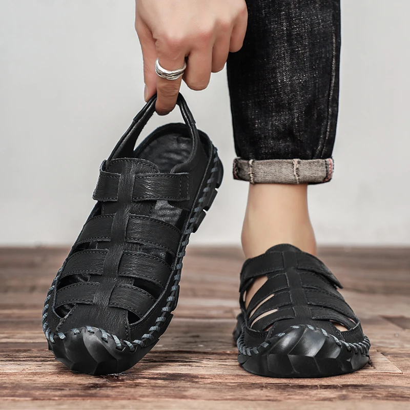 Simple Summer Men Sandals Outdoor Leather Mens  Non-Slip Slides Classic Half Drag Casual Beach Shoes Leisure Walk Male Slippers