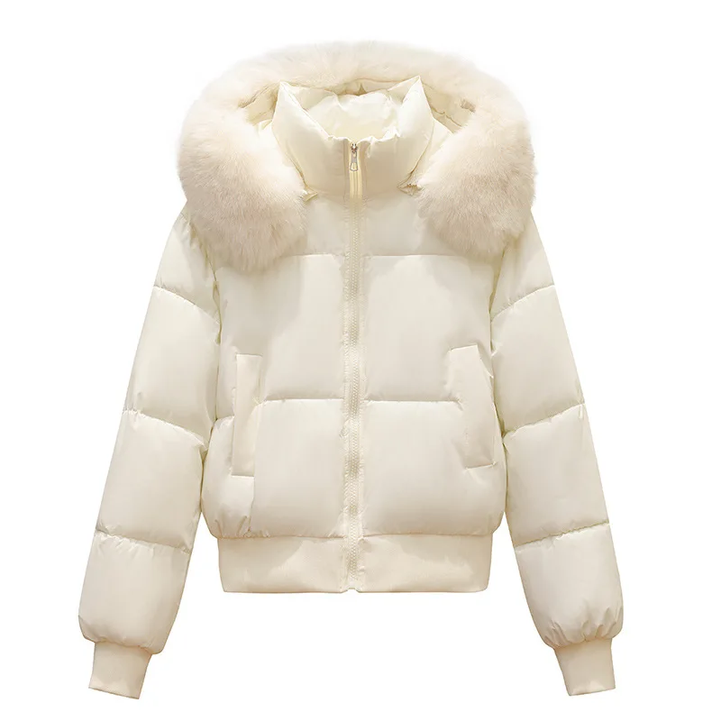 Femmes Parkas court manteau solide veste détachable col de fourrure à capuche poche zippée à manches longues épais bureau dame décontracté 2025 hiver