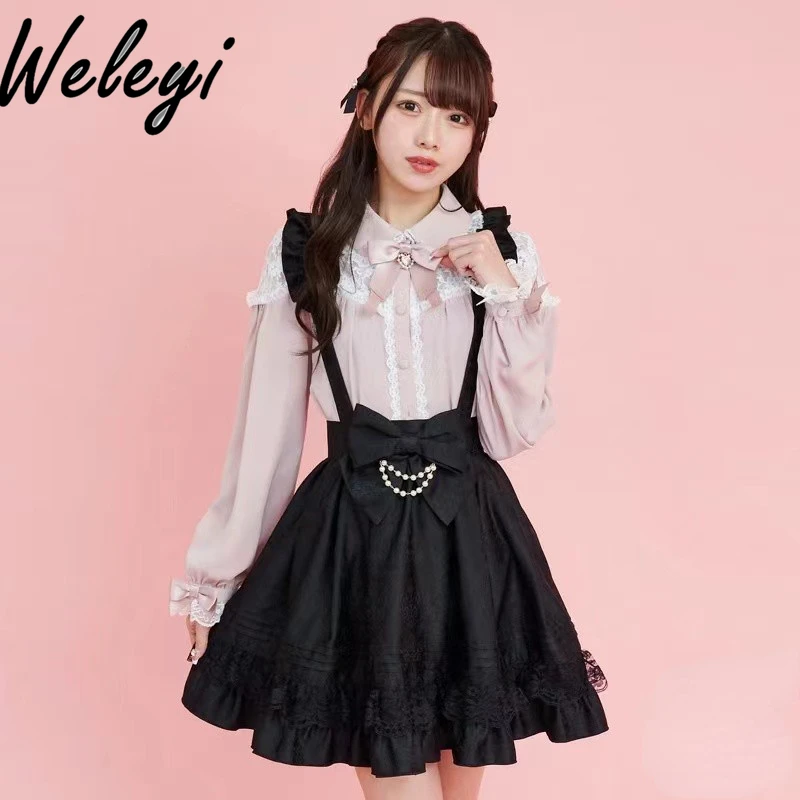 

Kawaii Lolita Cutecore Shirt Bow Lace Splicing Tops Womens Spring New Mine Series Mass Production Sweet Fashion Camisas E Blusas