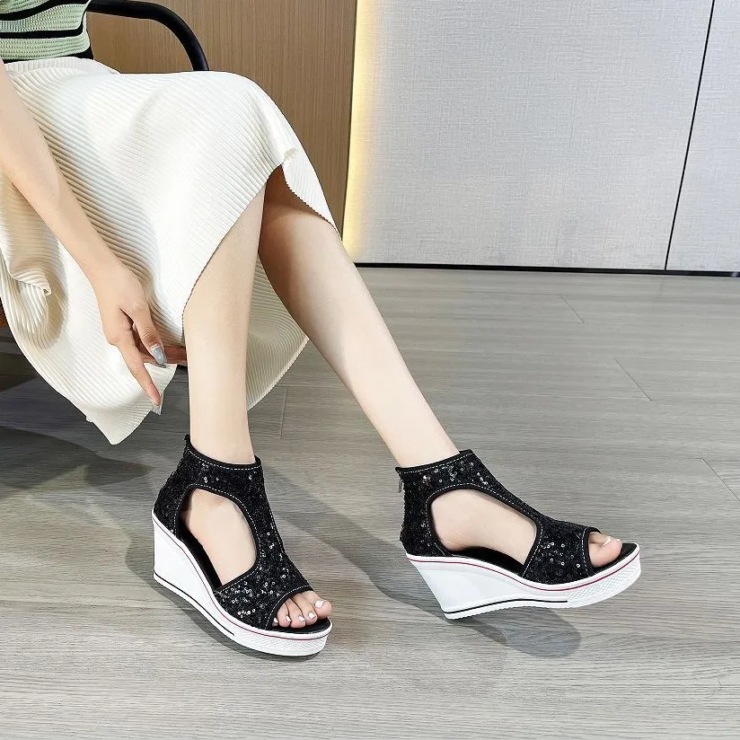 Spring/Summer New 8CM Bead High Top Women's Fish Mouth Flat Heel Sandals Casual Slope Heel Hollow Toe High Heel Women's Shoes