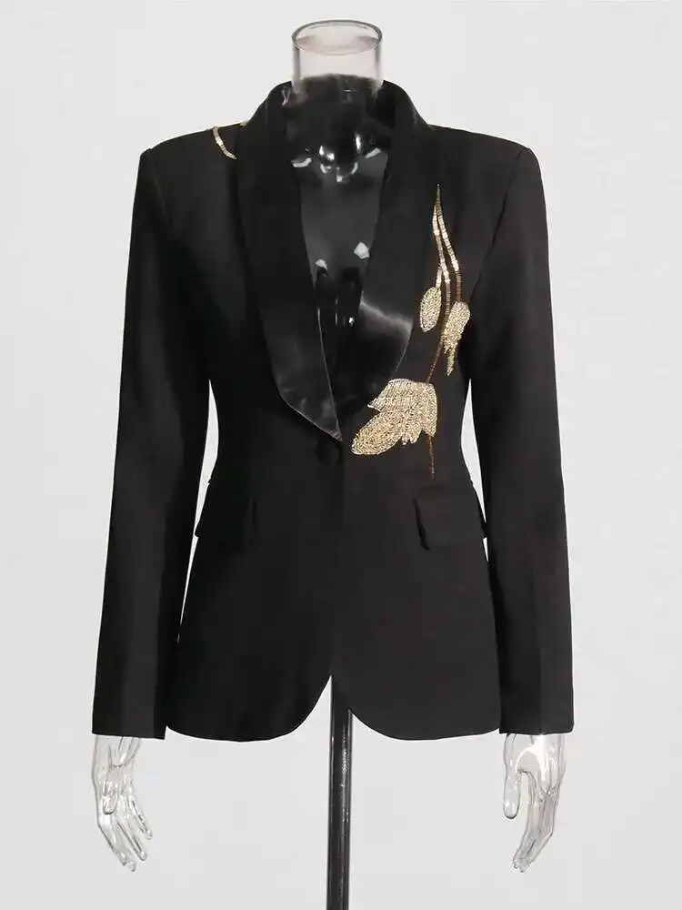 High Quality Women's Blazer With Gold Floral Embroidery Chic Formal Two Piece Set Stylish Coat And Flared Trousersкостюм