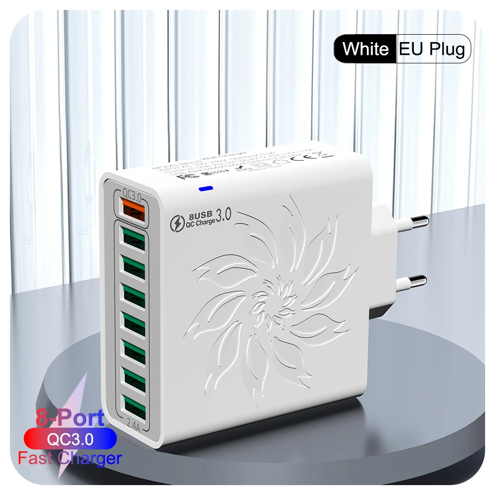 8 Ports USB Charger QC 3.0 65W Fast Charging Station EU Plug Multi Port Power Adapter with Smart IC for iPhone 15 Pro Max Xiaomi