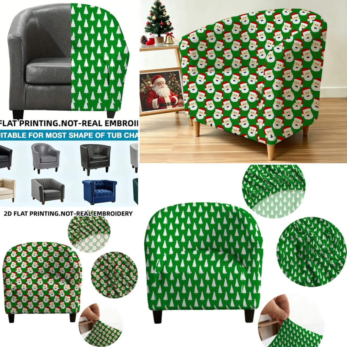 Christmas seamless printed green pines and Santa Claus pattern armrest sofa cover, 2D printed elastic single club sofa cover