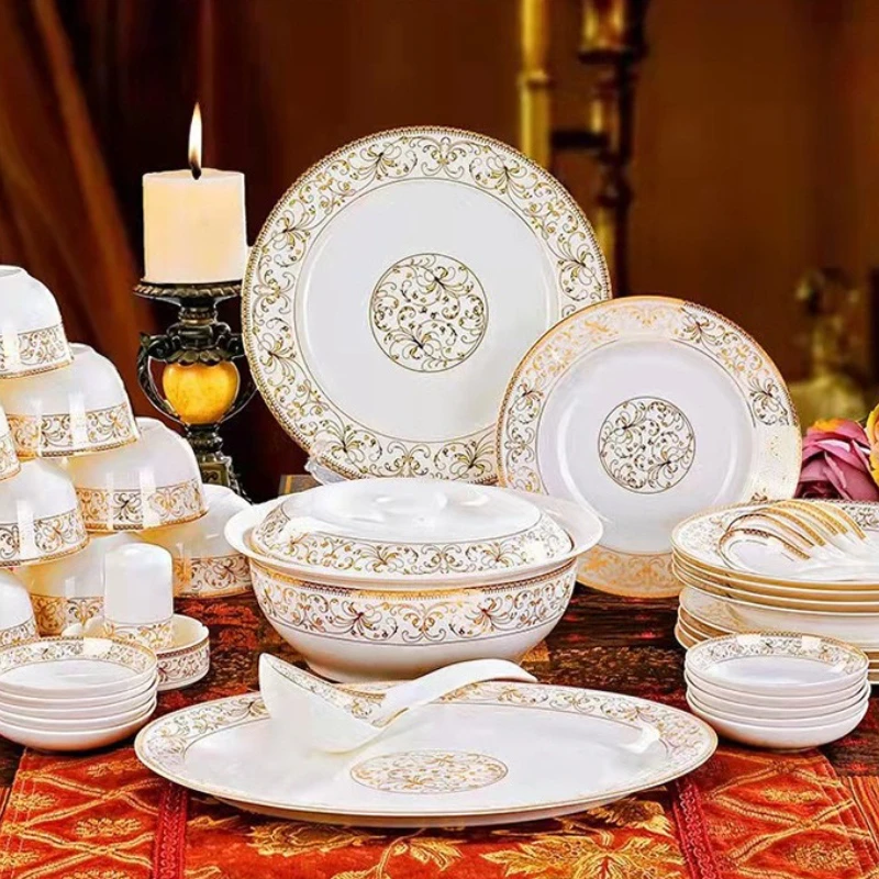 

Роскошные фарфоровые тарелки с костями, обеденные наборы, полный набор, керамическое тонкое золото 18, 28, 56 шт., китайский набор посуды, ваджсайлья completa, миска