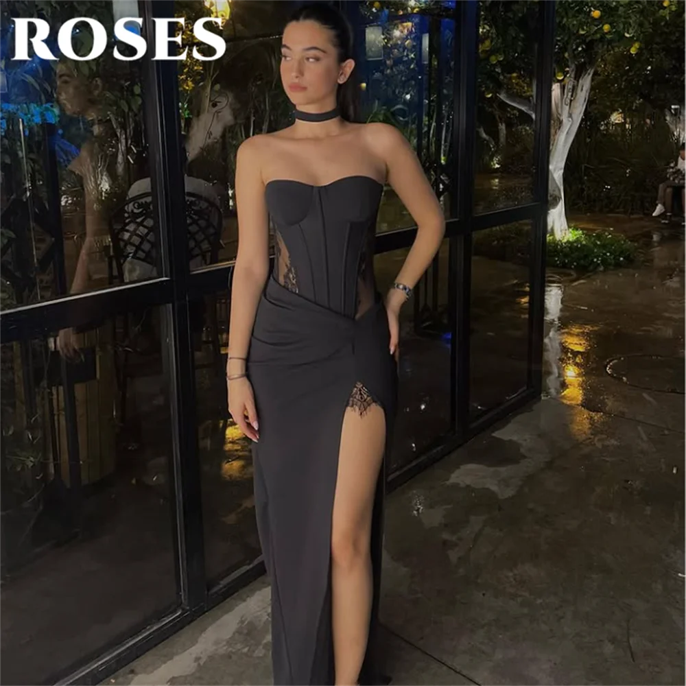 ROSES Black Elegant Prom Dress Sweetheart Lovely Ruffle Lace Party Dress Satin High Split Evening Dress robe de bal Customized