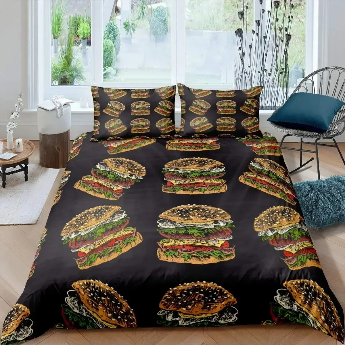 

3D American Fast Food Duvet Cover Set Full Size Polyester Pizza Hotdog Hamburger Print Bedding Set French Fries Quilt Cover