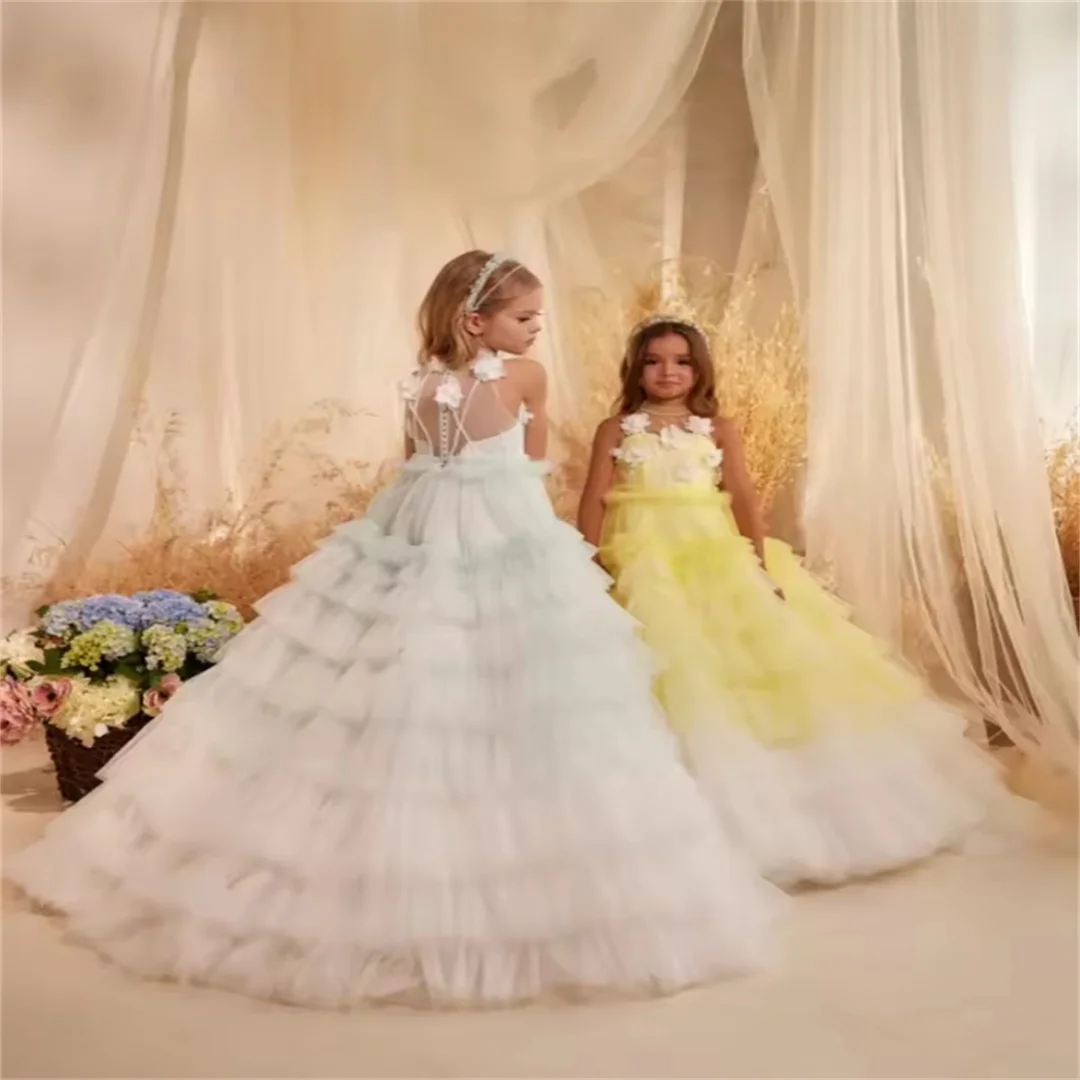 Luxury Pearls Tiered Tulle Long Dresses With 3D Flower For Kids Performance Outfit Fashionable Halter Girls Princess Gown