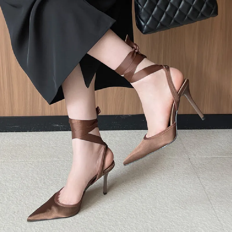 

Elegant Ankle Strap High Heels Women Luxury Satin Pointed Toe Heeled Sandals Women 2026 Spring Fashion Party Backless Dress Shoe