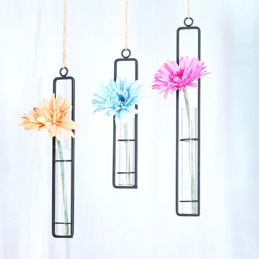 

Wall Hanging Flower Pot with Glass Test Tube for Hydroponic Plants Modern Rustic Vase for Living Room Bedroom Decoration