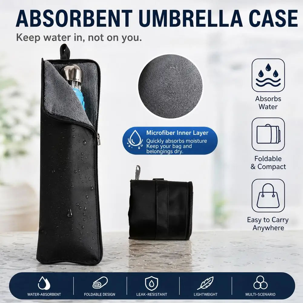 Durable Umbrella Storage Bag Black Folding Umbrella Carrier with Handle and Hanging Loop Microfiber Waterproof Umbrella Bag