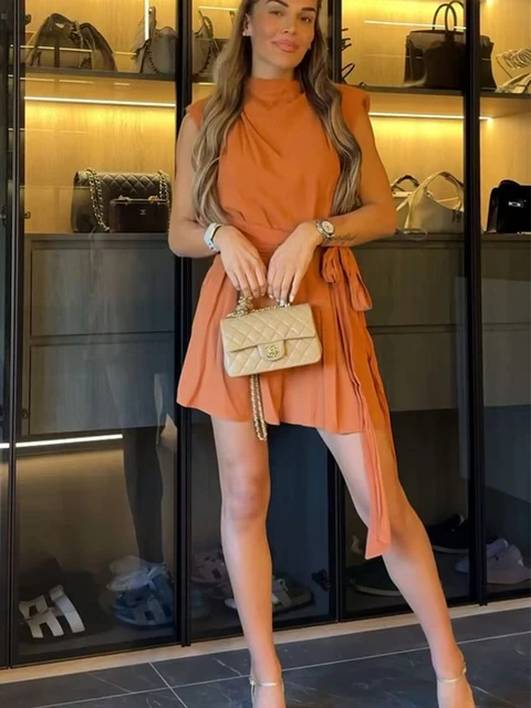 Summer Women's Short Jumpsuit Elegant High Waist Tie Belt Wide Leg Short Pants Rompers Fashion Casual Vacation Street Wear