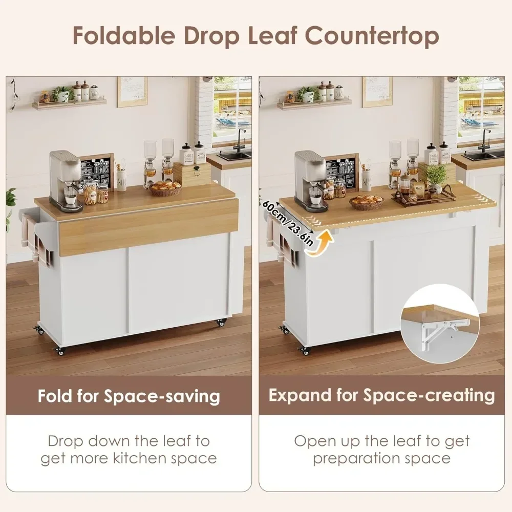 

Kitchen Island with Storage, Rolling Kitchen Island on Wheels with Wood Drop Leaf Countertop, Island Table Bar Cart with Spice