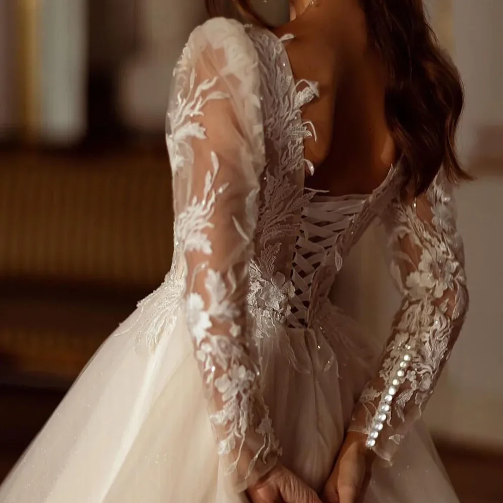 Princess A-line Wedding Dresses Long Sleeve Pearls Appliques Lace Up Back Modern Tulle Bride Gowns Vestidos De Novia