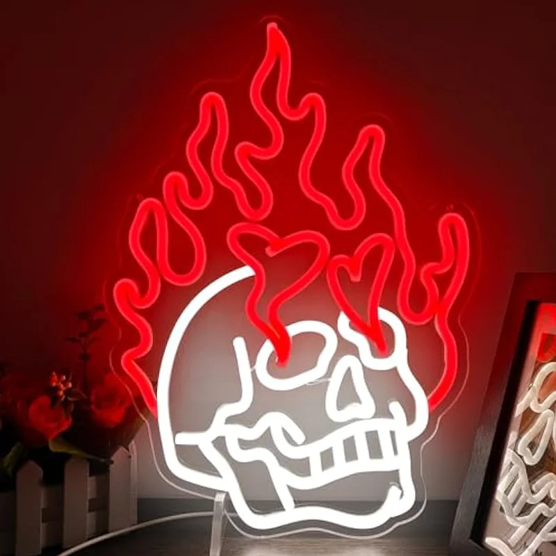 

Skull Neon Signs for Bedroom Dimmable Skull Fire Skeleton Head Wall Decor for Man Cave Beer Bar Club Game Room Halloween Party