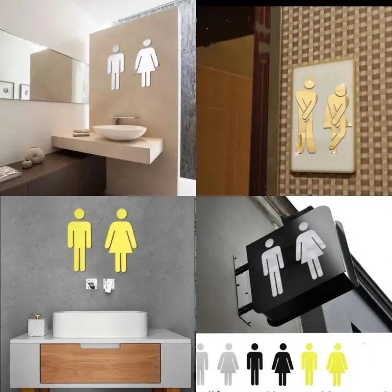 Acrylic Bathroom Mirror Stickers Toilet Sign Mirror Home Hotel Washroom Door Sign Mirror Sticker 3D Acrylic Self-Adhesive