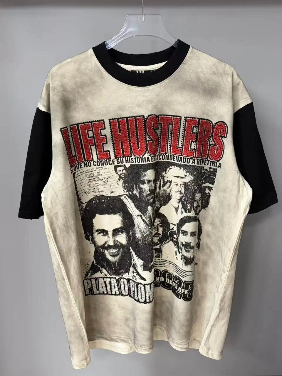 Life Hustlers Color Block Washed Distressed Rhinestone Printed Loose Short Sleeve T-Shirt Unisex Straight Spray Printed Tee