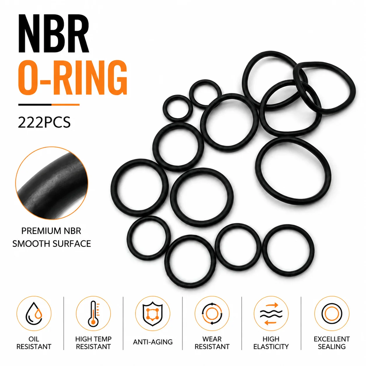 Non Breakable NBR Nitrile Rubber O-ring Kit 222 Pieces CS 1.5~3.17mm OD 3~31.7mm Repair Shop Durable Sealing Ring