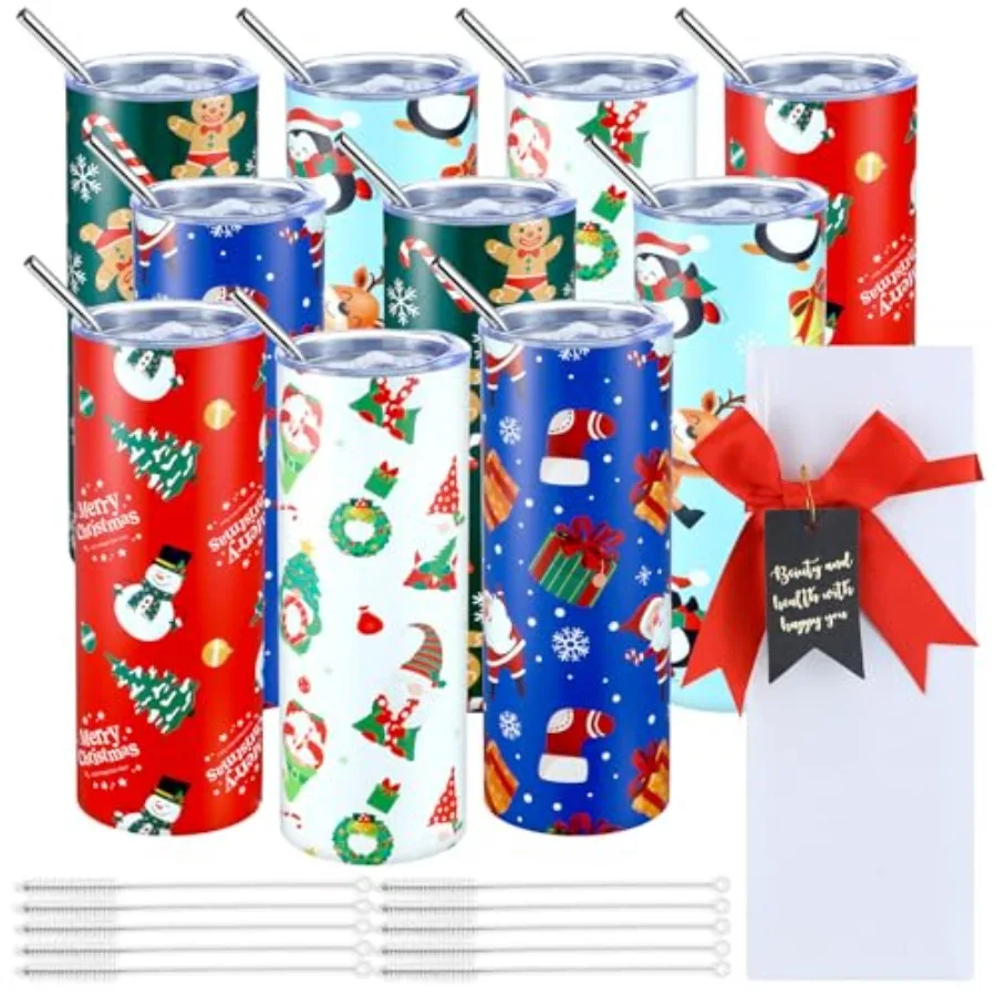 

10 Pack Christmas Gifts for Women 20oz Christmas Stainless Steel Tumbler Xmas Insulated Tumbler Bulk with Lid Straw and Brush S
