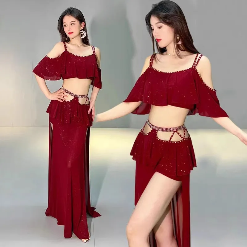 

customized belly dance costume Oriental dance hot drilling mesh practice outfit set class uniform indian clothes women dancewear