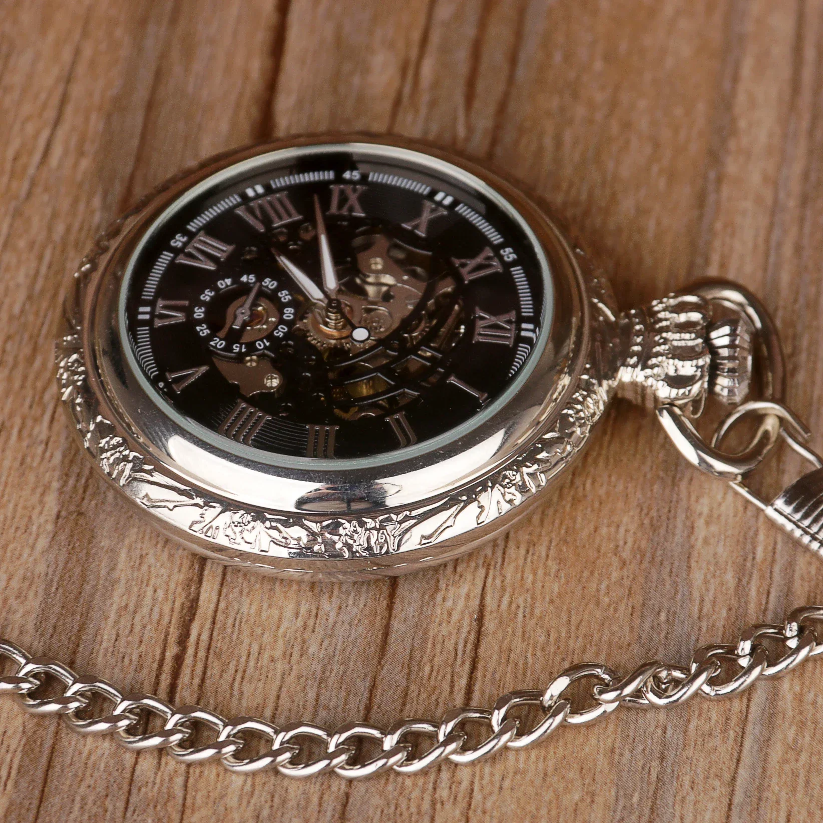 คลาสสิกเงินตัวเลขโรมัน Dial นาฬิกาพ็อกเก็ตนาฬิกาอัตโนมัติ Vintage Steampunk จี้ของขวัญ Reloj De Bolsillo