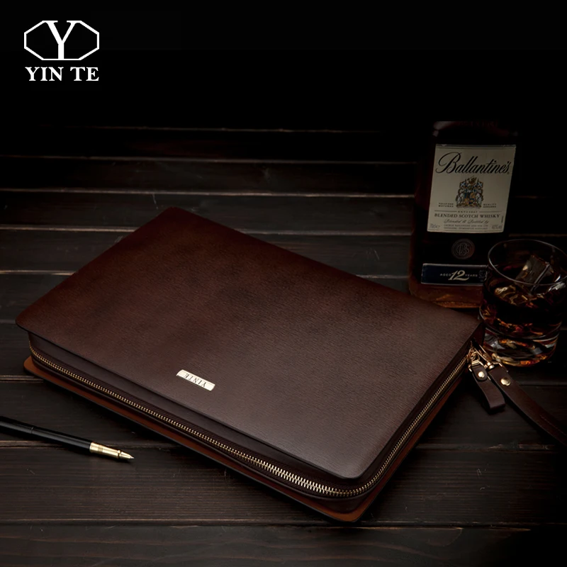 YINTE Leather Bags Men Women Business A4 Leather File Bag Storage Zipper Tablet Bag Large-capacity Thickened Document Briefcase