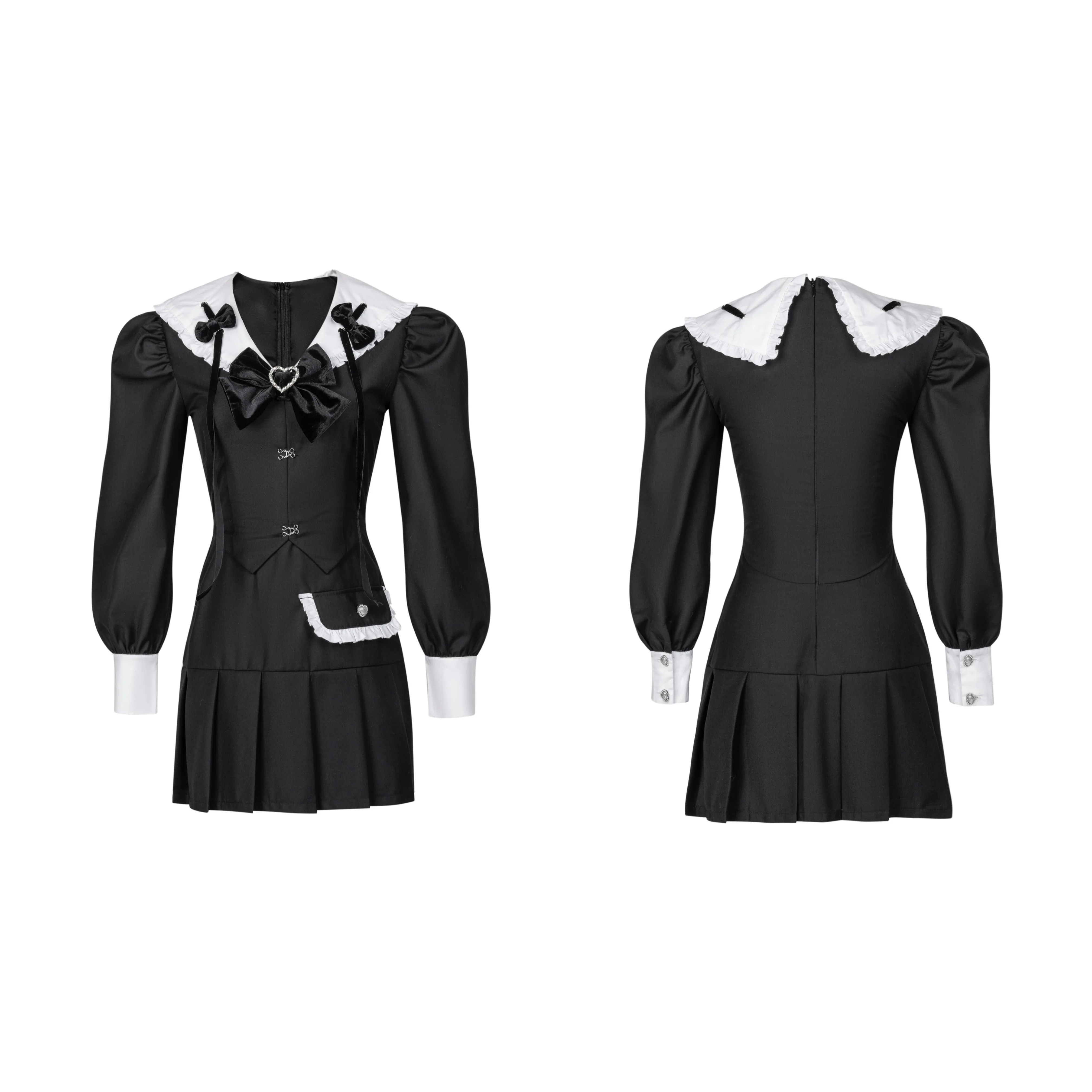 Japanese Sweet Preppy Style Sweet Cool Girl JK Dresses Navy Collar Bow Long Puff Sleeve High Waist Slim Short Dress Women Spring