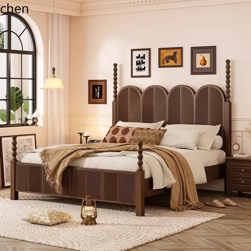 HT Solid Wood Bed Modern Simple 1.5M 1.8M Double Bed Retro Master Bedroom High-End Elegant Wedding Bed