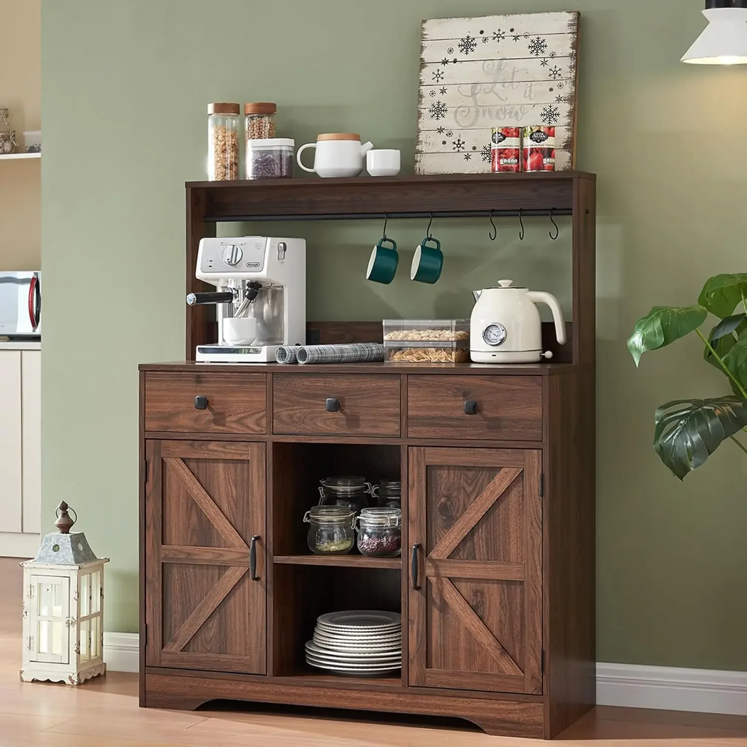 Farmhouse Coffee Bar Cabinet with 3 Drawers and Charging Station,Wood Barn Doors Kitchen Hutch Sideboard Buffet and Open Shelves