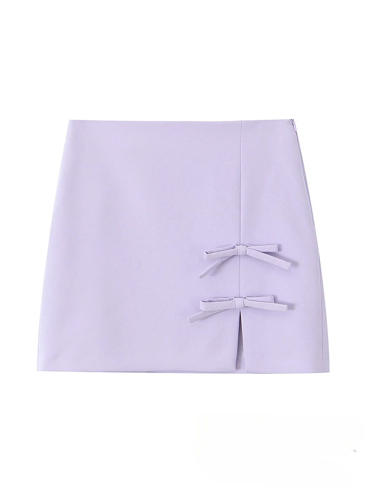 Vintage Casual Chic Women Skirt Solid Purple Bow Short Slim Straight Skirt Fashion 2024 Spring Streetwear Mini Skirt