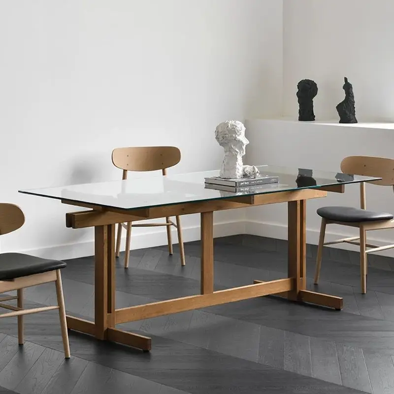 Thickened explosion-proof tempered glass solid wood dining table desk light luxury home dining room rectangle
