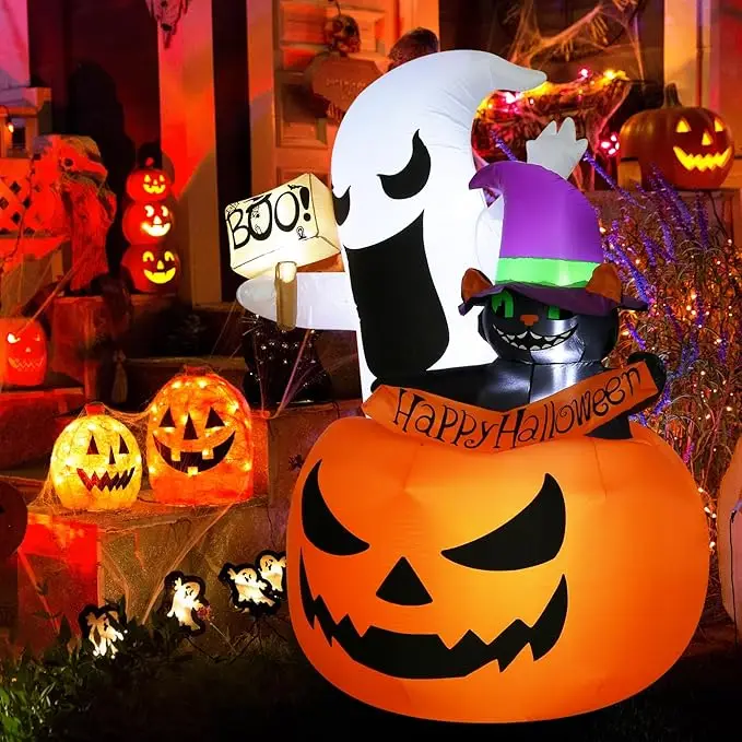 6 Fuß aufblasbare Halloween-Geisterkatze, Kürbis, Außendekoration, LED, aufblasbar, Halloween-Dekoration für Gartenparty