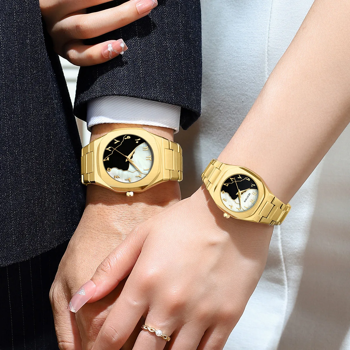 Fashion Matching Couples Watches - Top Luxury Brand, Black Stainless Steel, Quartz Movement for Men & Women