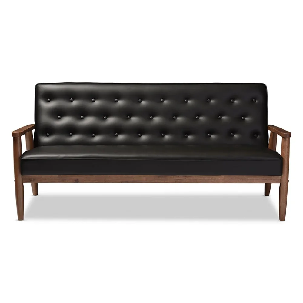 Baxton Studio Sorrento Mid-century Retro Modern Black Faux Leather Upholstered Wooden 3-seater Sofa