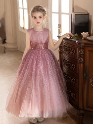Princess Costume High-end Pink Sequined Dress for Girls Birthday Wedding Pompom skirt Evening Dress