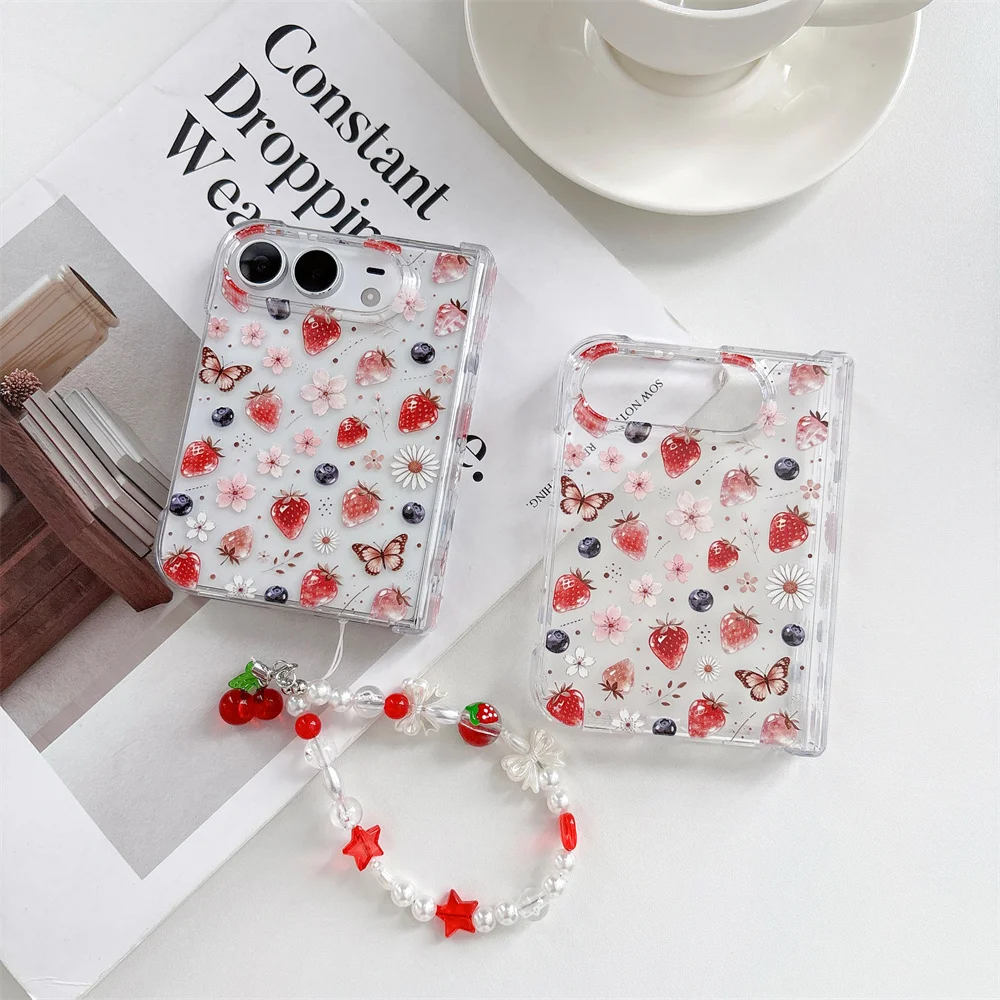 Clear Strawberry Cherry Fruit Print Pink Flower Phone Case For iPhone Duo Butterfly 3D Beaded Wrist Strap Fresh Foldable Cover
